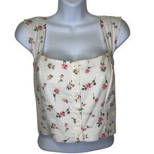 Joie Cropped Floral Tank Top With Button Detail Cream Pink Green Large